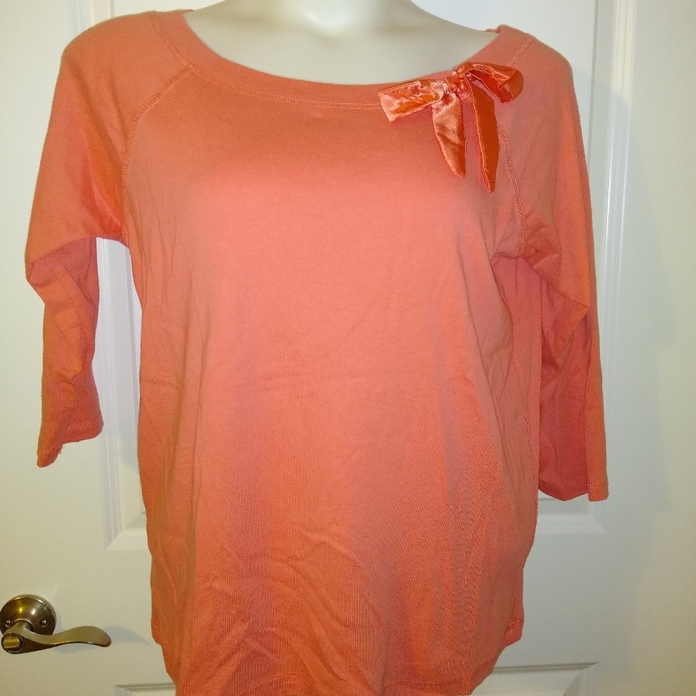Liz Claiborne FIRST ISSUE Salmon Orange Lady's Soft Shirt Top Accent Bow 2X